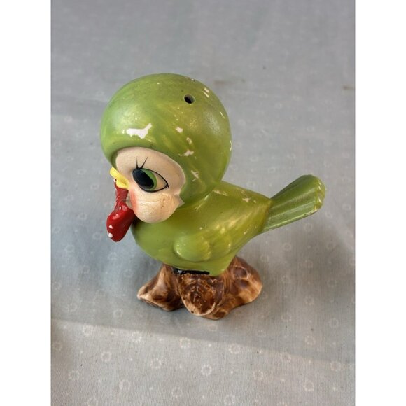 VTG Arnart Japan Budgie Bird Shaker Figurine Green w Red Bow Porcelain Collector - Picture 7 of 8